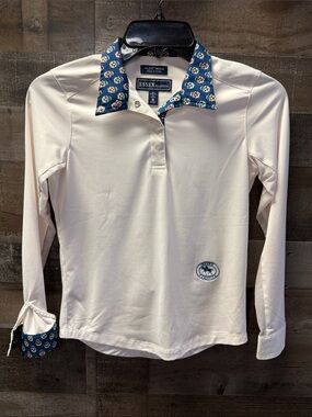 Essex Classics Girls' White Long-Sleeve Polo with Navy Printed Collar